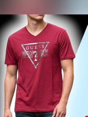 NWT GUESS Men's Burgundy V-Neck Logo Tee Sz. LG